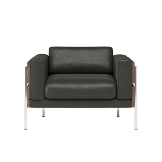 Case Furniture Forum Armchair in walnut and black leather finish.

