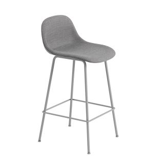 Muuto Fiber Bar Stool Upholstered with Back and Tube Base, Remix 123 Light Grey with Grey Tube Base