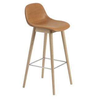 Muuto Fiber Bar Stool Upholstered with Back and Wood Base, Cognac Silk Leather with Oak Base