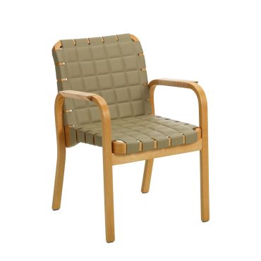 Honey Stained Frame with seat in quilted Sorensen Spectrum Leaf Leather and Rattan winding armrests
