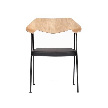 Oak veneer back-rest, black frame, black leather seat.