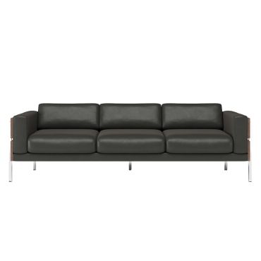 Case Furniture Forum Sofa - 3 Seater in walnut with black leather finish.
