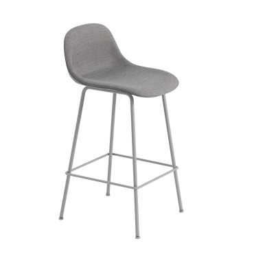 Muuto Fiber Bar Stool Upholstered with Back and Tube Base, Remix 123 Light Grey with Grey Tube Base