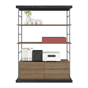 Treku Bost 01 Shelving Unit | Black frame, walnut veneer & brick coloured storage box.
