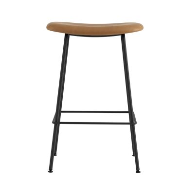 Muuto Fiber Bar Stool Upholstered with Tube Base, Cognac Silk Leather and Black Base