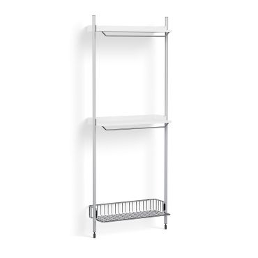 HAY Pier Shelving System 1031 - 1 Column white with clear profiles and chromed wire rack 
