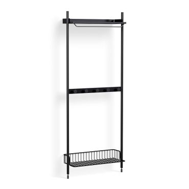 HAY Pier Shelving System 1041 - 1 Column black with black profiles and black wire rack