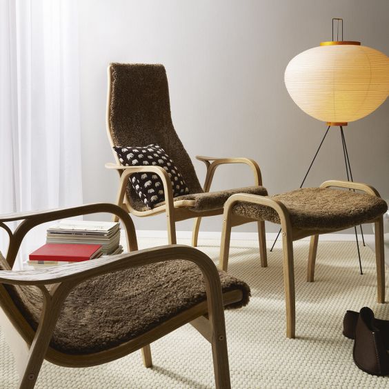 Swedese Lamino Lounge Chair & Footstool - Sahara Sheepskin, Oiled Oak